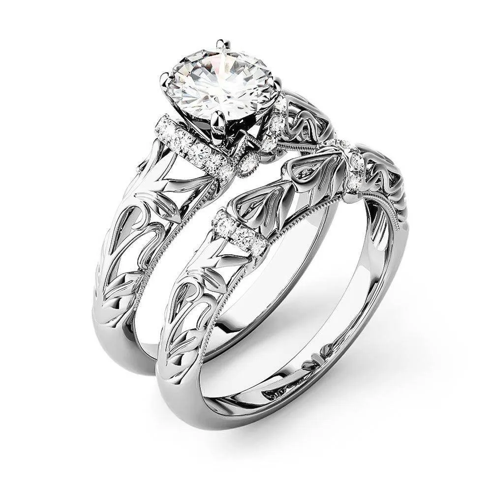 Vintage Art Deco Round Moissanite Engagement Ring Bridal Set