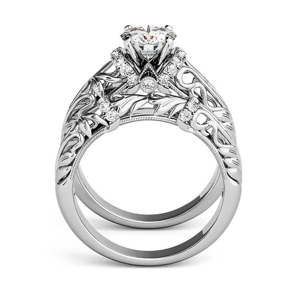 Vintage Art Deco Round Moissanite Engagement Ring Bridal Set