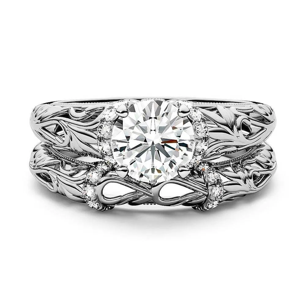 Vintage Art Deco Round Moissanite Engagement Ring Bridal Set