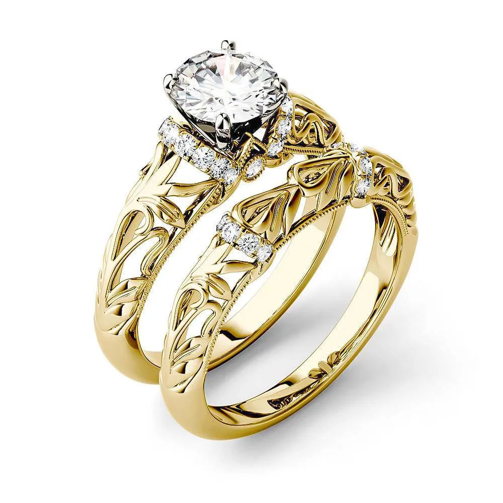 Vintage Art Deco Round Moissanite Engagement Ring Bridal Set
