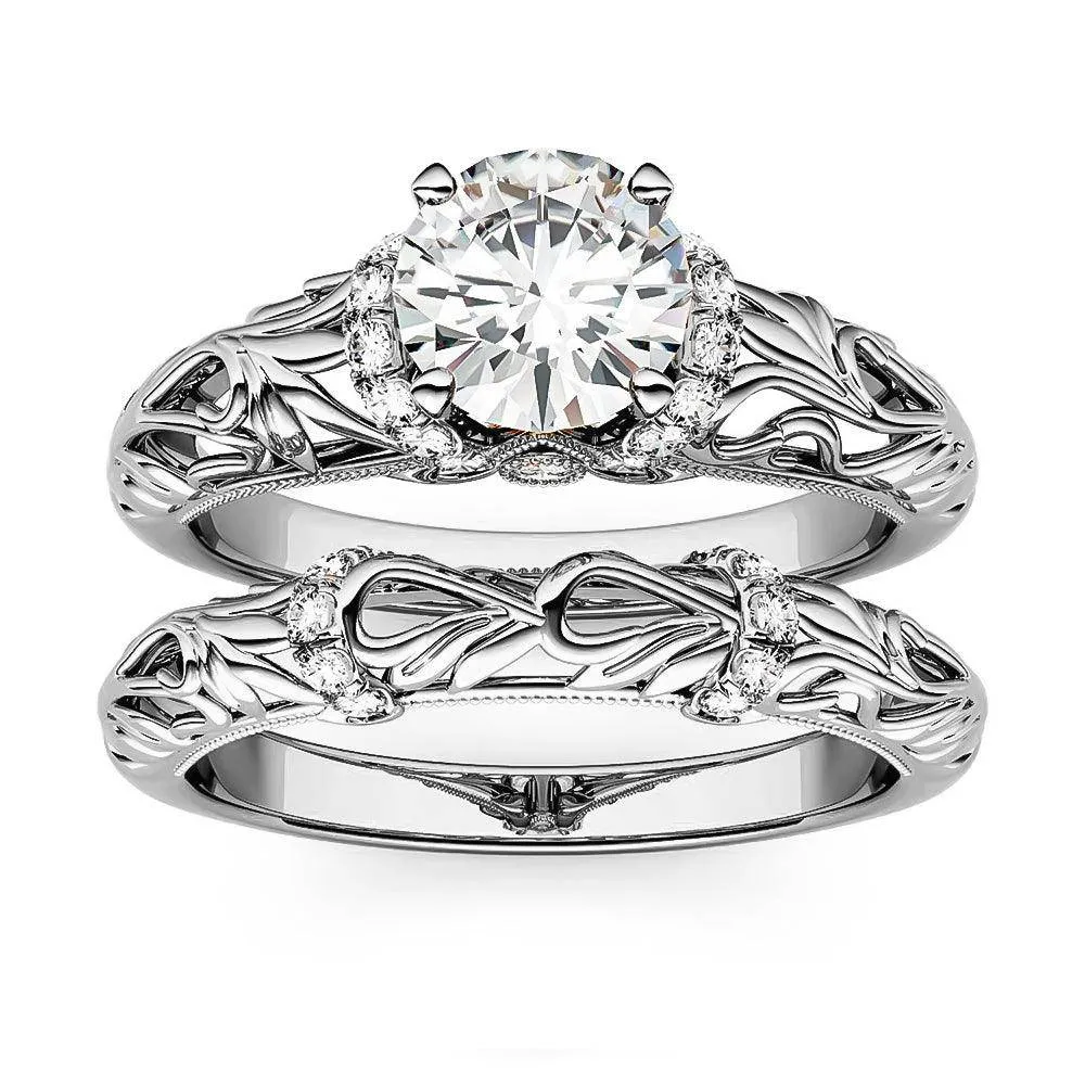 Vintage Art Deco Round Moissanite Engagement Ring Bridal Set