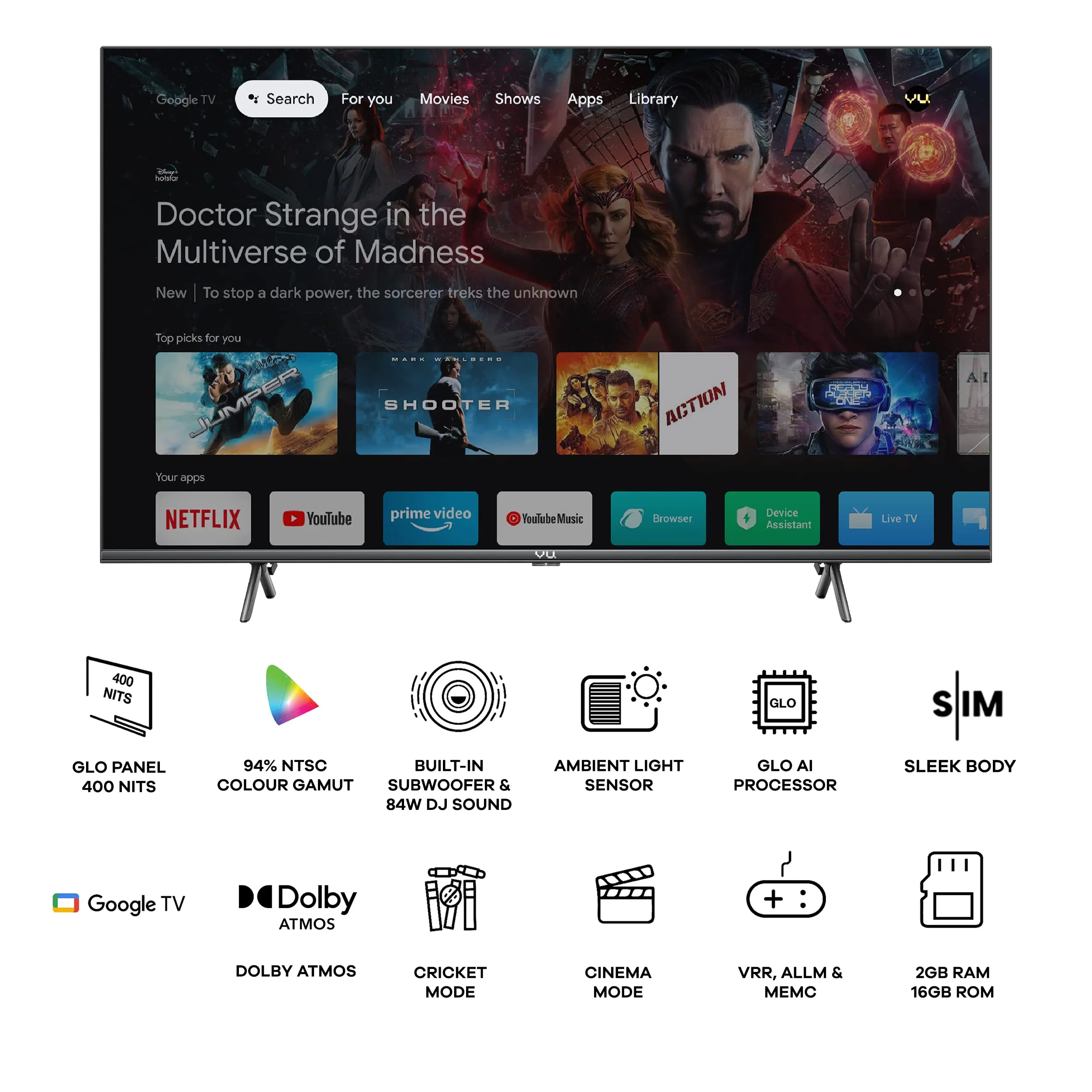 Vu 108 cm (43 inches) The GloLED 84 Watt DJ Sound Series 4K Smart Google TV 43GloLED (Grey)