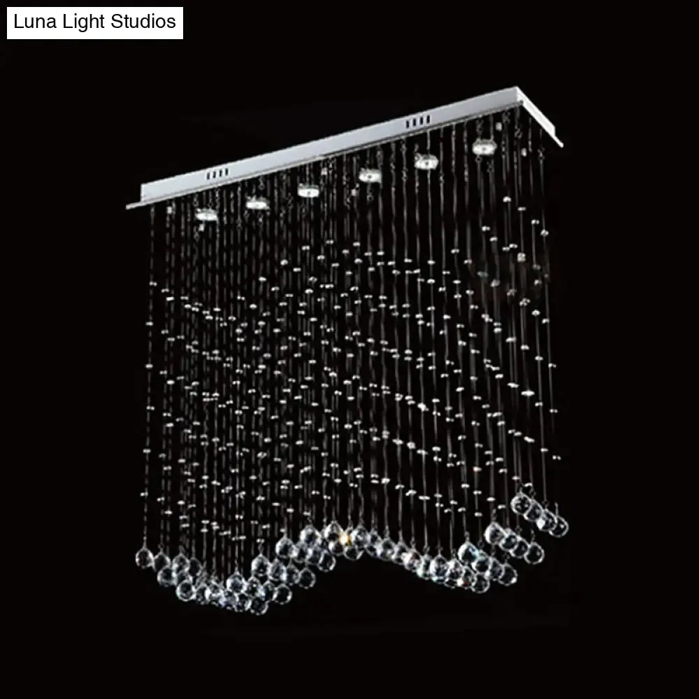 Wave Shaped Ceiling Light - Modern 6-Head Crystal Flush Mount Fixture in Stainless Steel