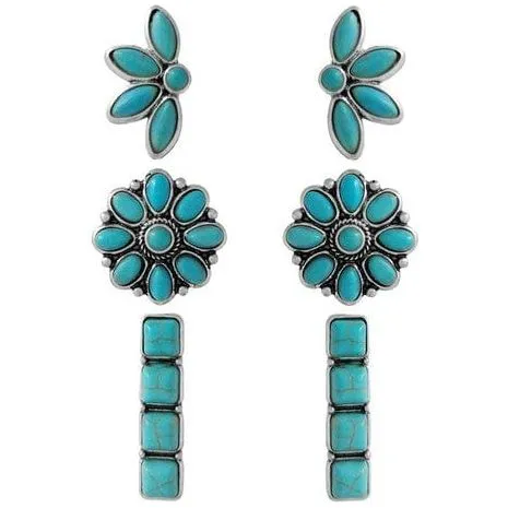 Western Concho Flower Bar Gemstone Earrings Set