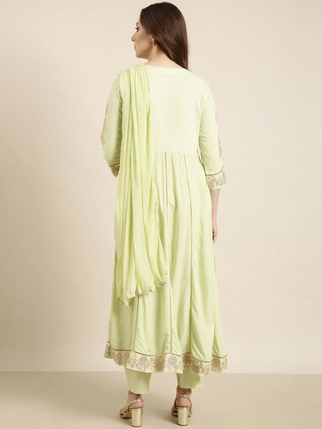 Women Anarkali Green Floral Kurta and Trousers Set Comes With Dupatta and Potli Bag