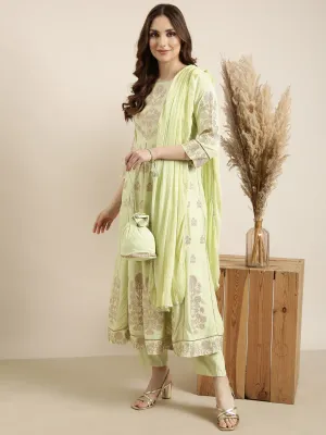 Women Anarkali Green Floral Kurta and Trousers Set Comes With Dupatta and Potli Bag