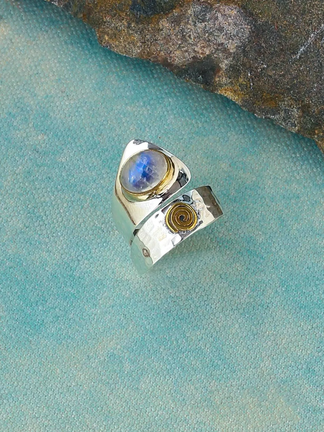 YoTreasure Rainbow Moonstone Ring Solid 925 Sterling Silver With Brass Accents