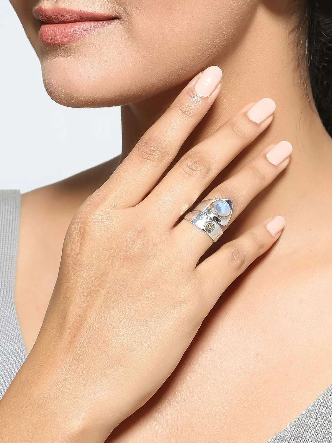 YoTreasure Rainbow Moonstone Ring Solid 925 Sterling Silver With Brass Accents