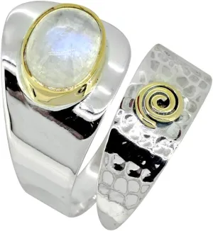 YoTreasure Rainbow Moonstone Ring Solid 925 Sterling Silver With Brass Accents